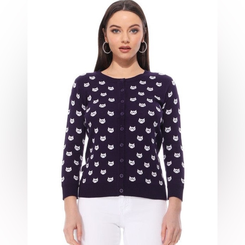 YE MAKE ROUND NECK BLACK AND WHITE CAT PATTERNED CARDIGAN SWEATER MEDIUM